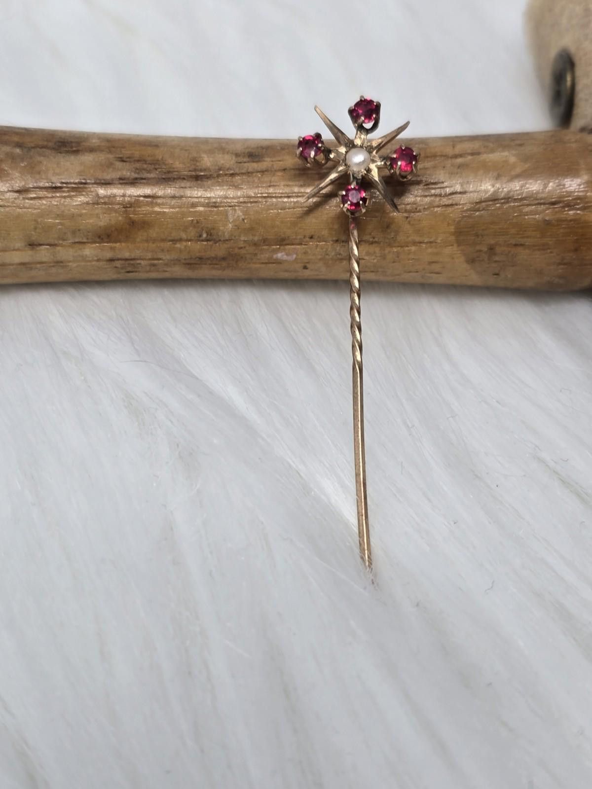 Antique Rivet Antique 14K Gold Ruby Pearl Star Stickpin 1g Size ONE SIZE - 1 Thumbnail