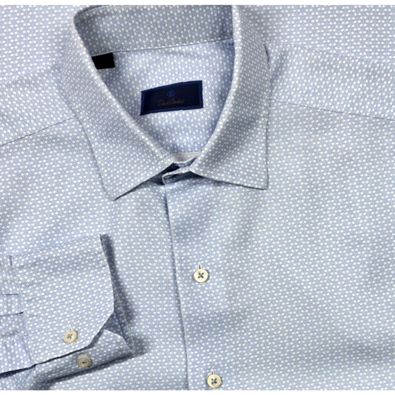 David Donahue David Donahue Blue Geometric Button Up Dress Shirt Long Sleeve Mens M Cotton Size 40R - 2 Thumbnail