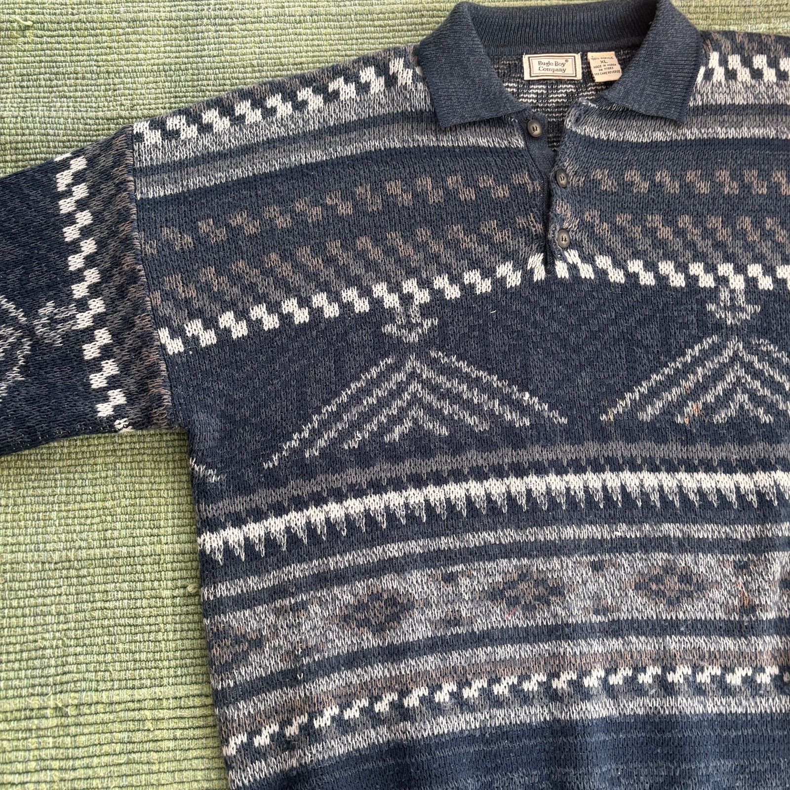Bugle Boy × Vintage Vintage 90s Bugle Boy patterned acrylic collared sweater XL Size US XL / EU 56 / 4 - 5 Thumbnail