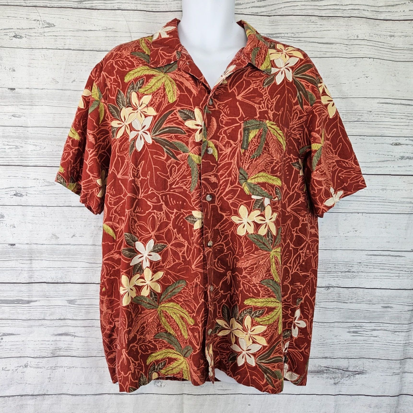 Vintage Columbia Men Button Up Shirt XL Red Floral Linen Blend Short Sleeve Size US XL / EU 56 / 4 - 2 Thumbnail
