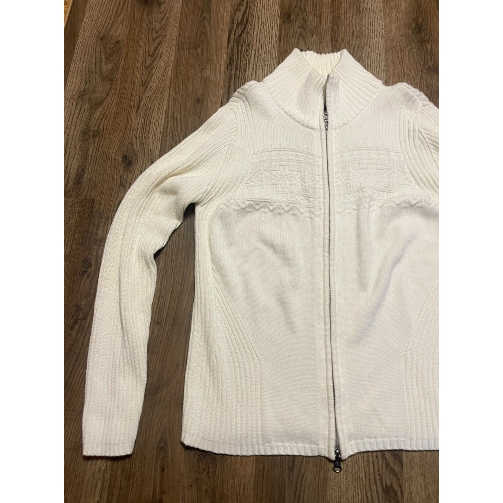 Eddie Bauer Eddie Bauer Sweater Women's Large White Full Zip Knit Mock Neck, Casual, Regular Fit, Solid, Knit Fabric, Fall Spring Summer, Women, Size L Size L / US 10 / IT 46 - 3 Thumbnail