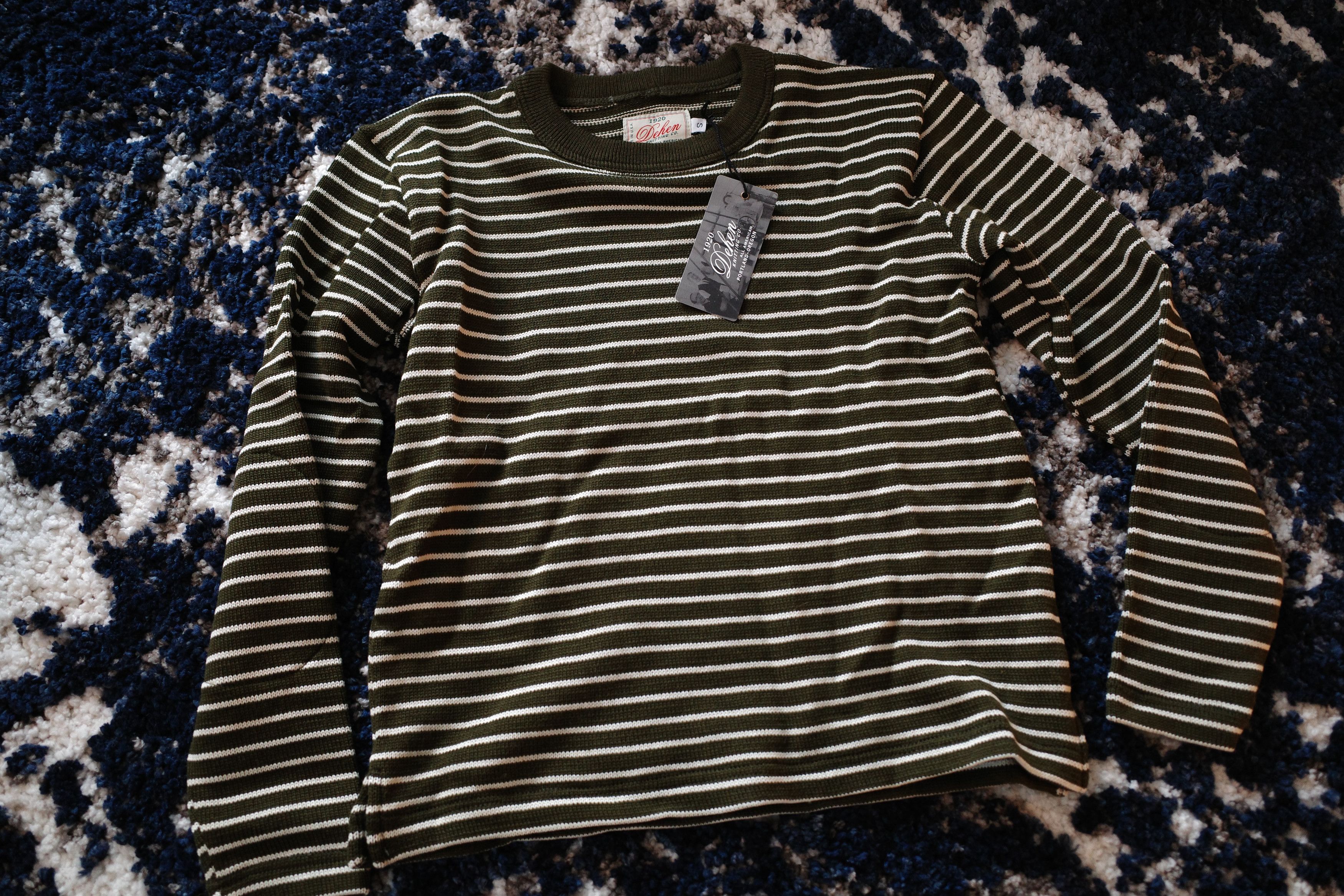 Dehen 1920 Micro Stripe Crew Neck Sweater - Loden/Off-White Small 