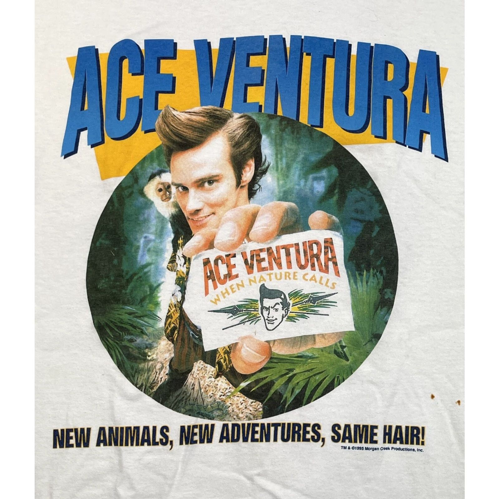 Gildan VINTAGE Ace Ventura Jim Carrey T-Shirt – Movie Logo Graphic, Cotton, White, 1995, Size L, Men, Short Sleeve, Crew Neck, Gildan, 90s Era Size US L / EU 52-54 / 3 - 2 Thumbnail