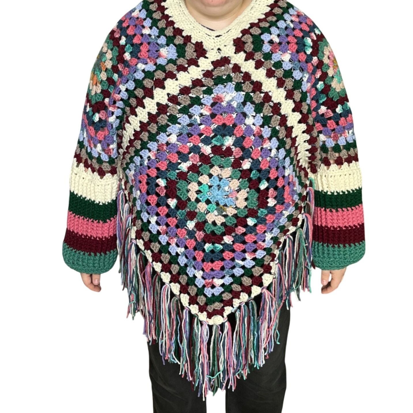 Handmade Crochet Poncho with Sleeves Granny Square Design Pattern Col Size ONE SIZE - 6 Thumbnail