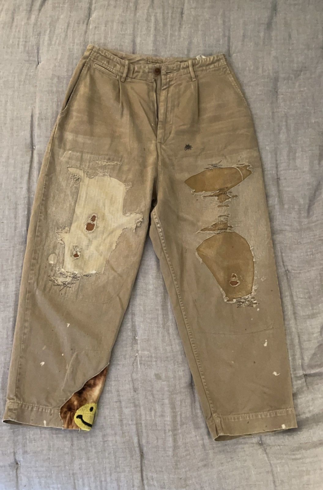 image of Kapital Katsuragi Highwaist Lumberjack Damaged Nimes Pants in Khaki, Men's (Size 32)