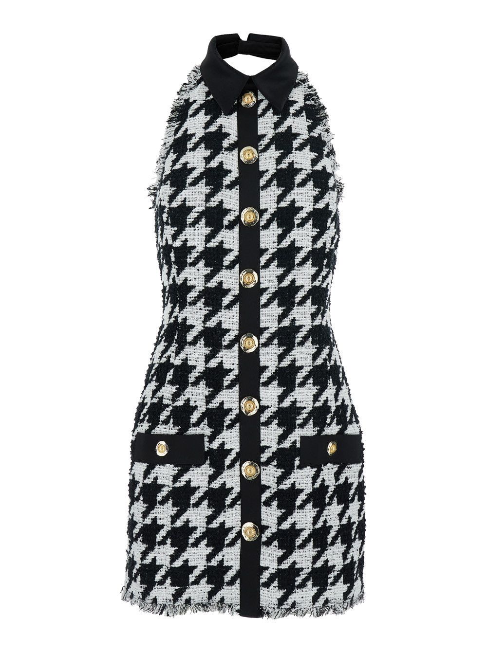 Balmain Black and White Halterneck Mini Dress with Houndstooth Motif in Tweed and Satin Woman Size M / US 6-8 / IT 42-44 - 1 Thumbnail