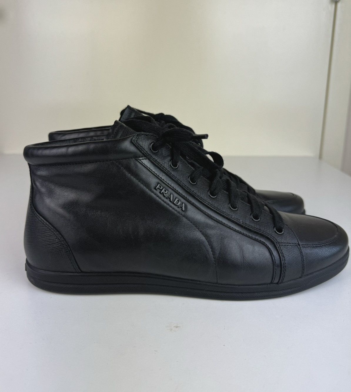 Prada Prada High Top Saffiano Leather Black Sneakers Trainers Boot Size US 10 / IT 40 - 3 Thumbnail