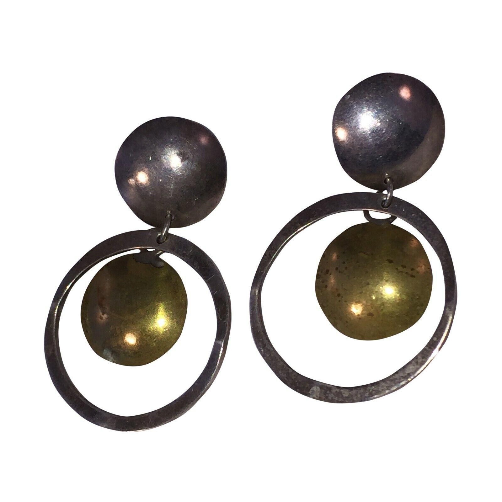 Handmade Mexican Brutalist Sterling & Brass Disc Hoop Earrings Size ONE SIZE - 3 Thumbnail