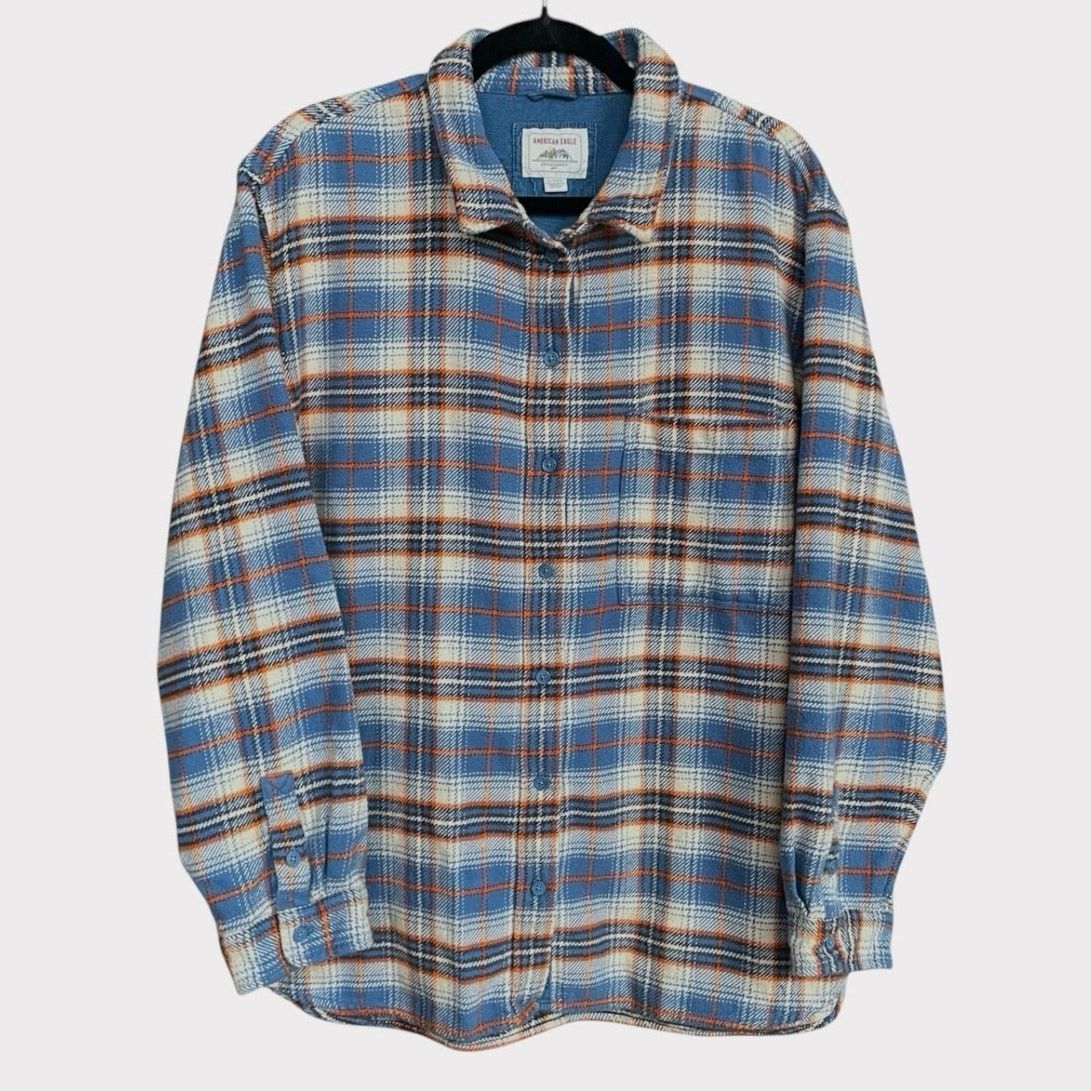 American Eagle Outfitters American Eagle Mens Blue & Orange Plaid Thick Button Down Size US XL / EU 56 / 4 - 1 Thumbnail