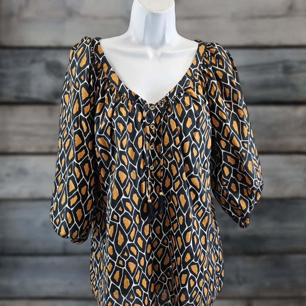 Isaac Mizrahi Isaac Mizrahi Live Womens Blouse Sz Small Black Multicolor Cotton Tassels 3/4 Sleeve V-Neck Pullover Adult Womens Size S / US 4 / IT 40 - 1 Thumbnail