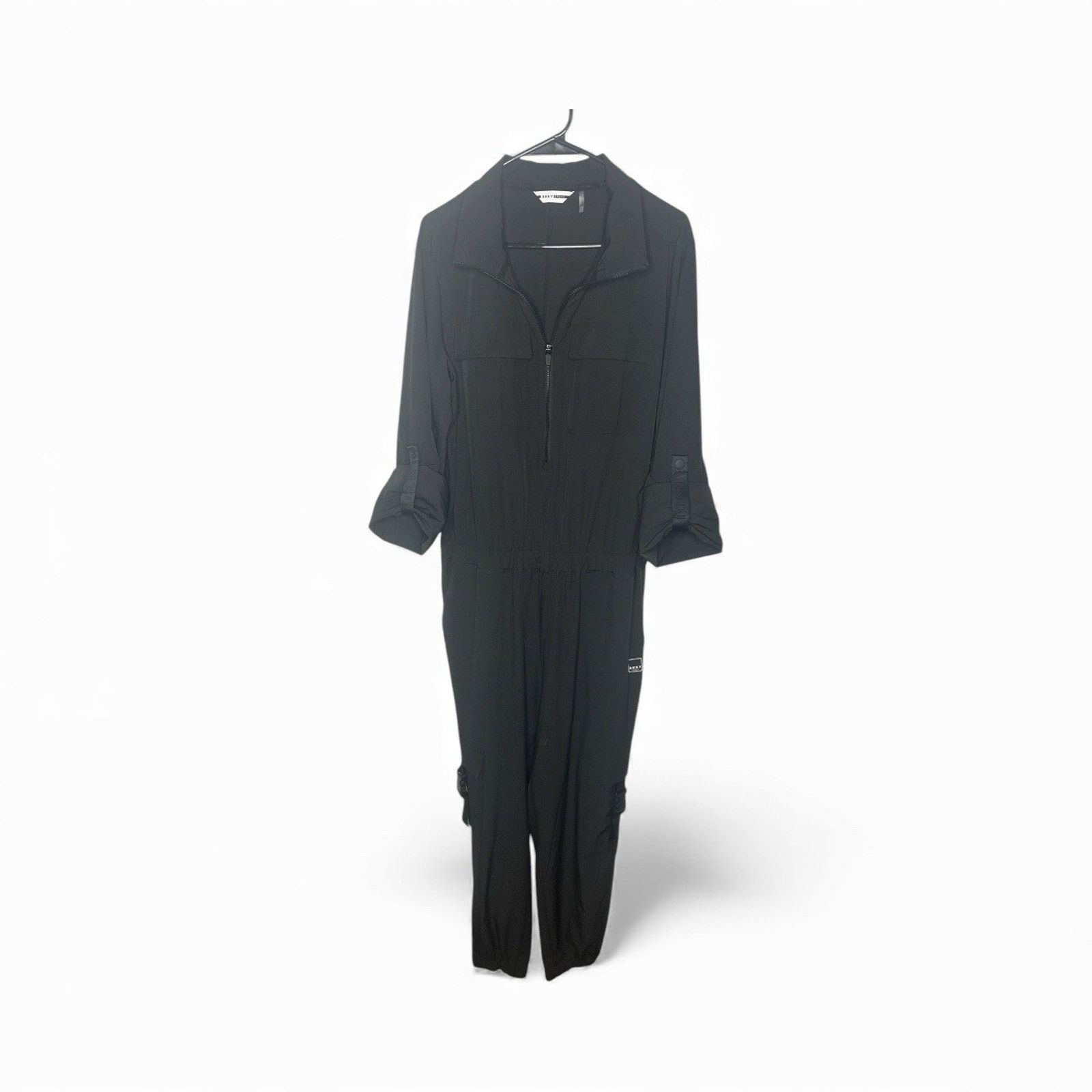 DKNY DKNY Black Utility Cargo Jumpsuit Womans L Tab Sleeve Travel Size 29" - 2 Thumbnail
