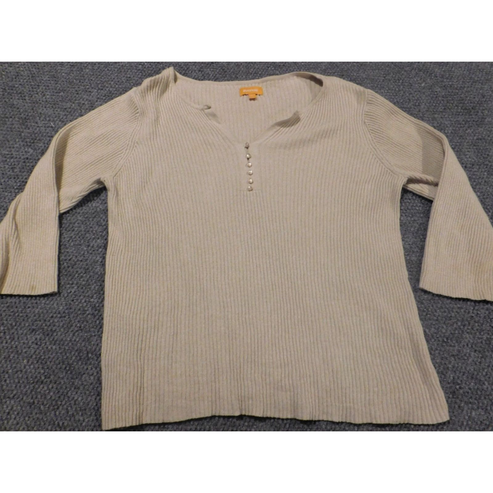 Avenue Avenue Sweater Pullover Women 22 Beige Long Sleeve Cotton Knit V-Neck Embroidered Casual Stretch Modern Vintage No Size 3XL / US 20-22 - 5 Thumbnail