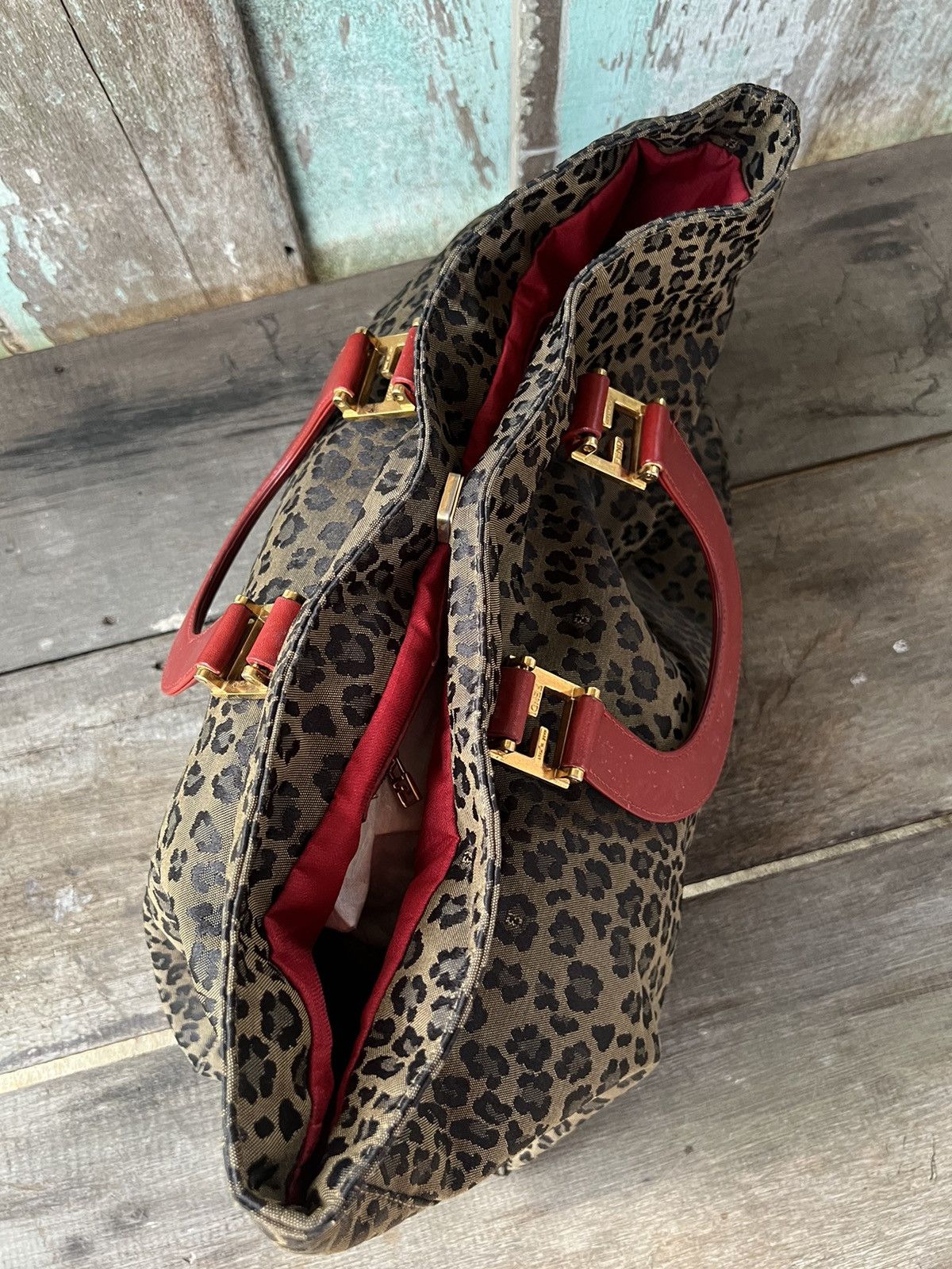 Fendi Vintage FENDI Leopard Hand Bag Nylon Leather Brown Red Size ONE SIZE - 5 Thumbnail
