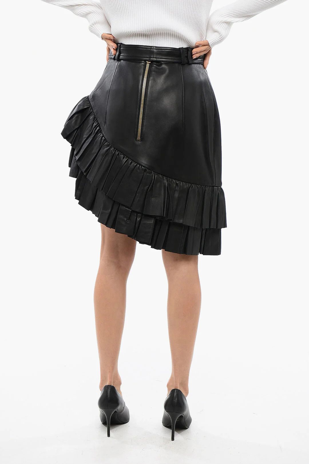 Balmain og1mm0326 Asymmetric Leather Mini Skirt in Black Size 34" / US 12 / IT 48 - 2 Thumbnail