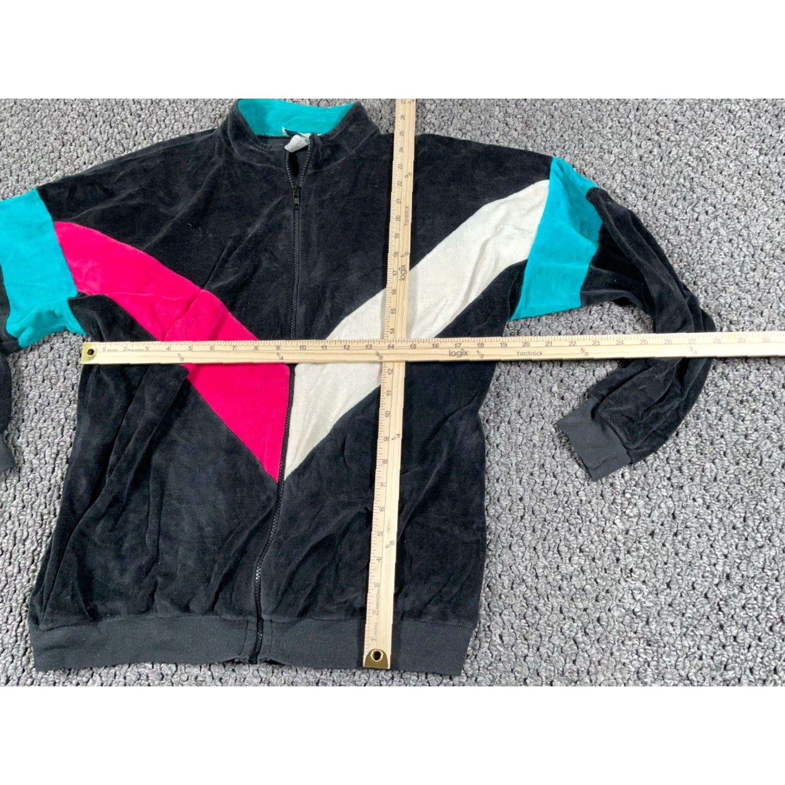 Velour VTG Boundary Waters Velour Zip Track Jacket Women's Medium Black Pink Teal Retro Unlined 90s 80s Classic Hipster Size M / US 6-8 / IT 42-44 - 6 Thumbnail
