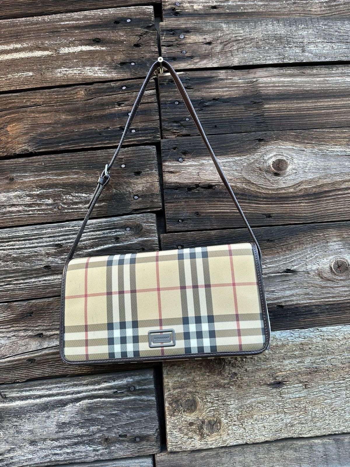 image of Burberry Pochette Mini Nova Check Hand Bag / Burberry Bag in Brown, Women's