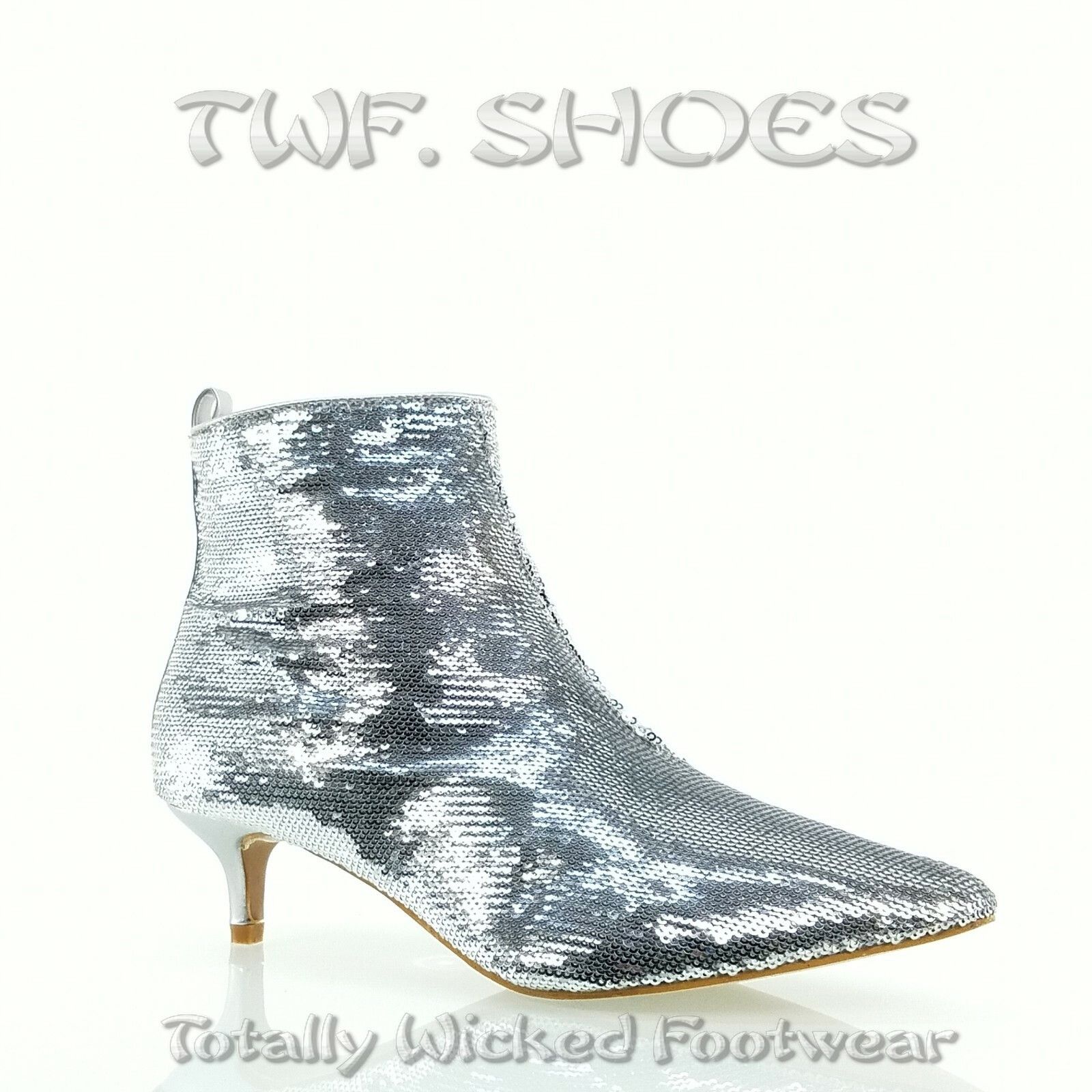 Other Harmoni Silver Sequin Pointy Toe 1.5" Kitten Heel Ankle Boot Size US 8 / IT 38 - 6 Thumbnail