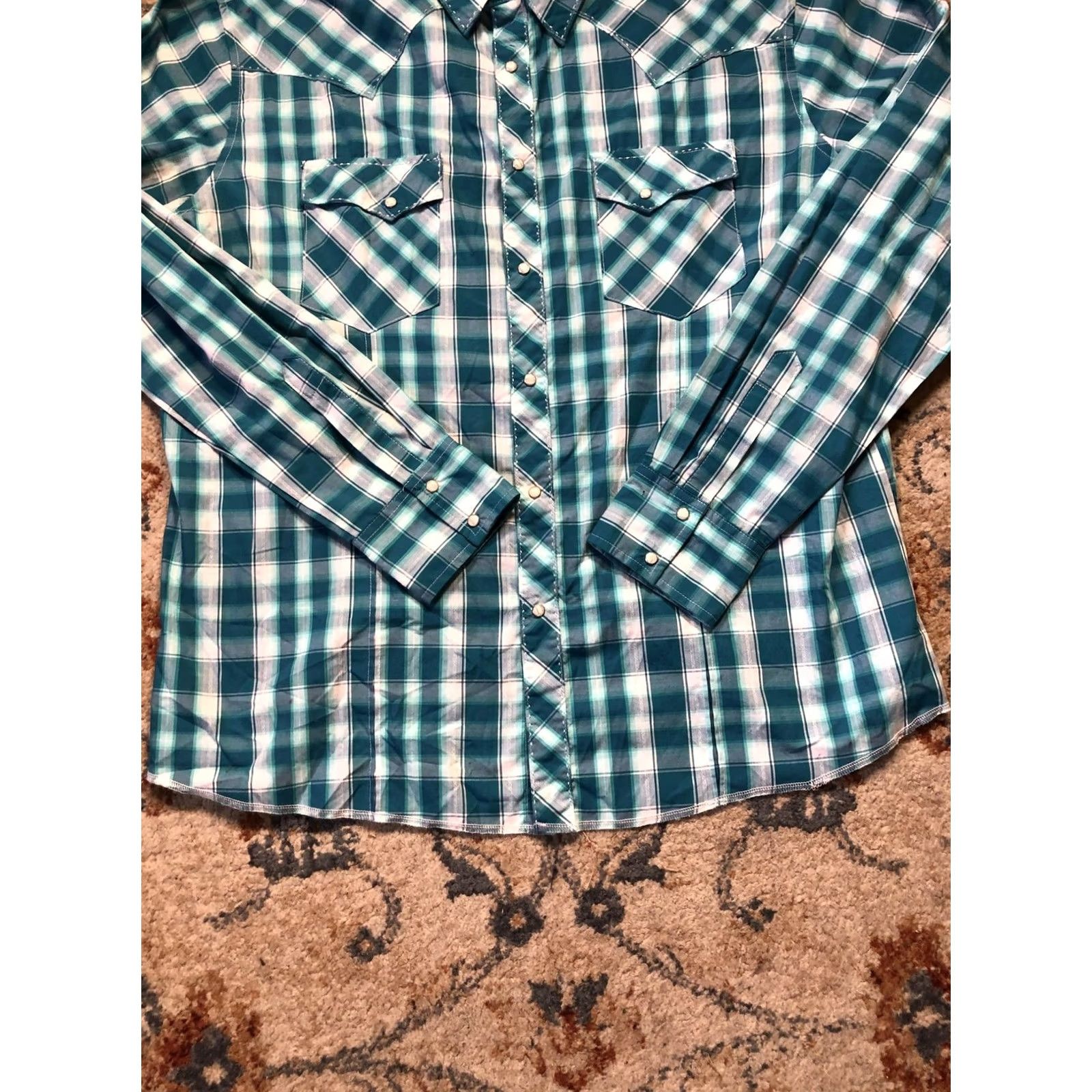 Wrangler Wrangler Shirt Mens 2XL Teal Blue Plaid Western Pearl Snap Long Sleeve Cowboy Size US XXL / EU 58 / 5 - 5 Thumbnail