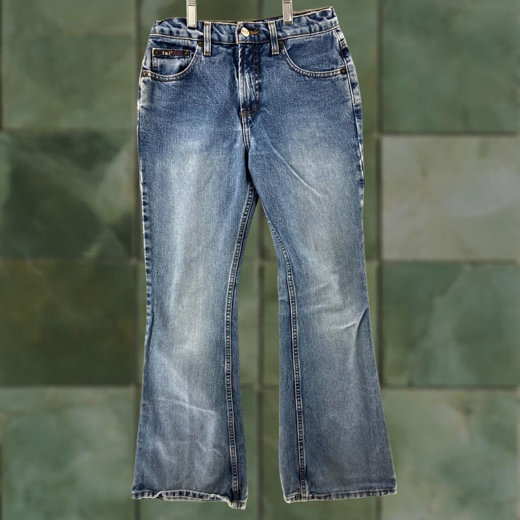 Vintage LEI Jeans Womens 3 Flare Cut Low Rise Distressed 90s Embroidered Jeans Juniors Blue 3 Pocket Distressed Little Boho Hipster Retro Womens Size 26" / US 2 / IT 38 - 1 Thumbnail