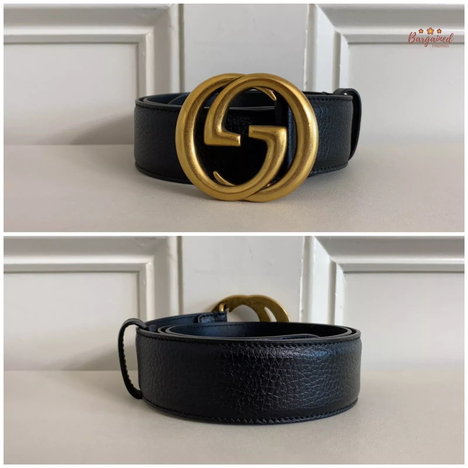 Gucci Gucci Pebbled Calfskin Leather Gold Double G Buckle Belt Size 28 - 3 Thumbnail