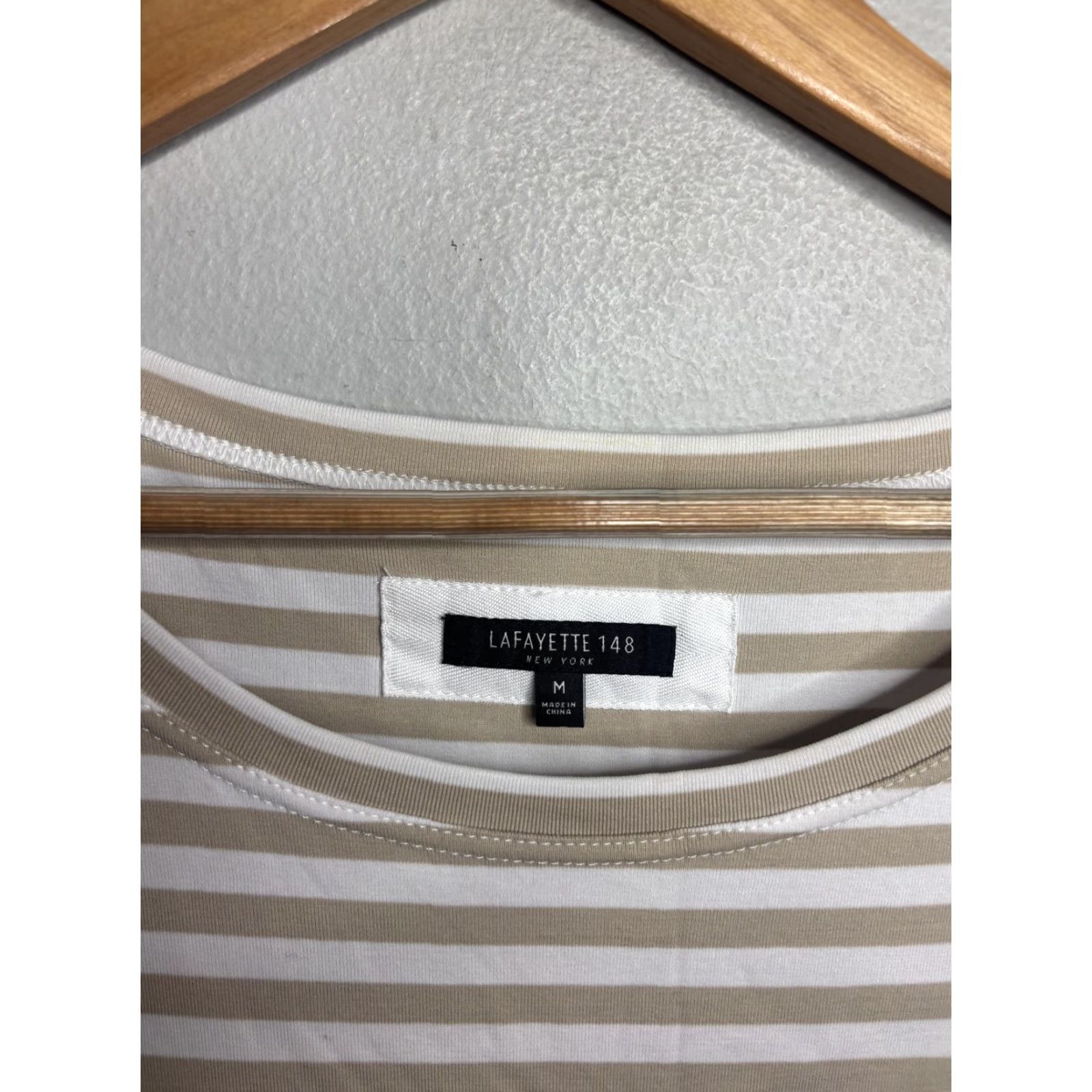 Vintage Lafayette 148 Dress Womens Medium Beige White Stripe Drawstring Pocket Tshirt Dress Size M / US 6-8 / IT 42-44 - 3 Thumbnail