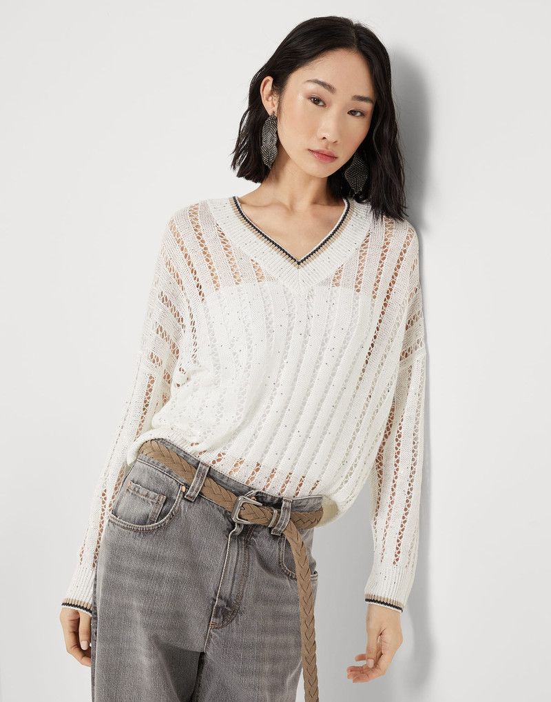 Brunello Cucinelli o1la1rc1a0326 Linen Dazzling Ribbed Net Sweater in White Size M / US 6-8 / IT 42-44 - 3 Thumbnail