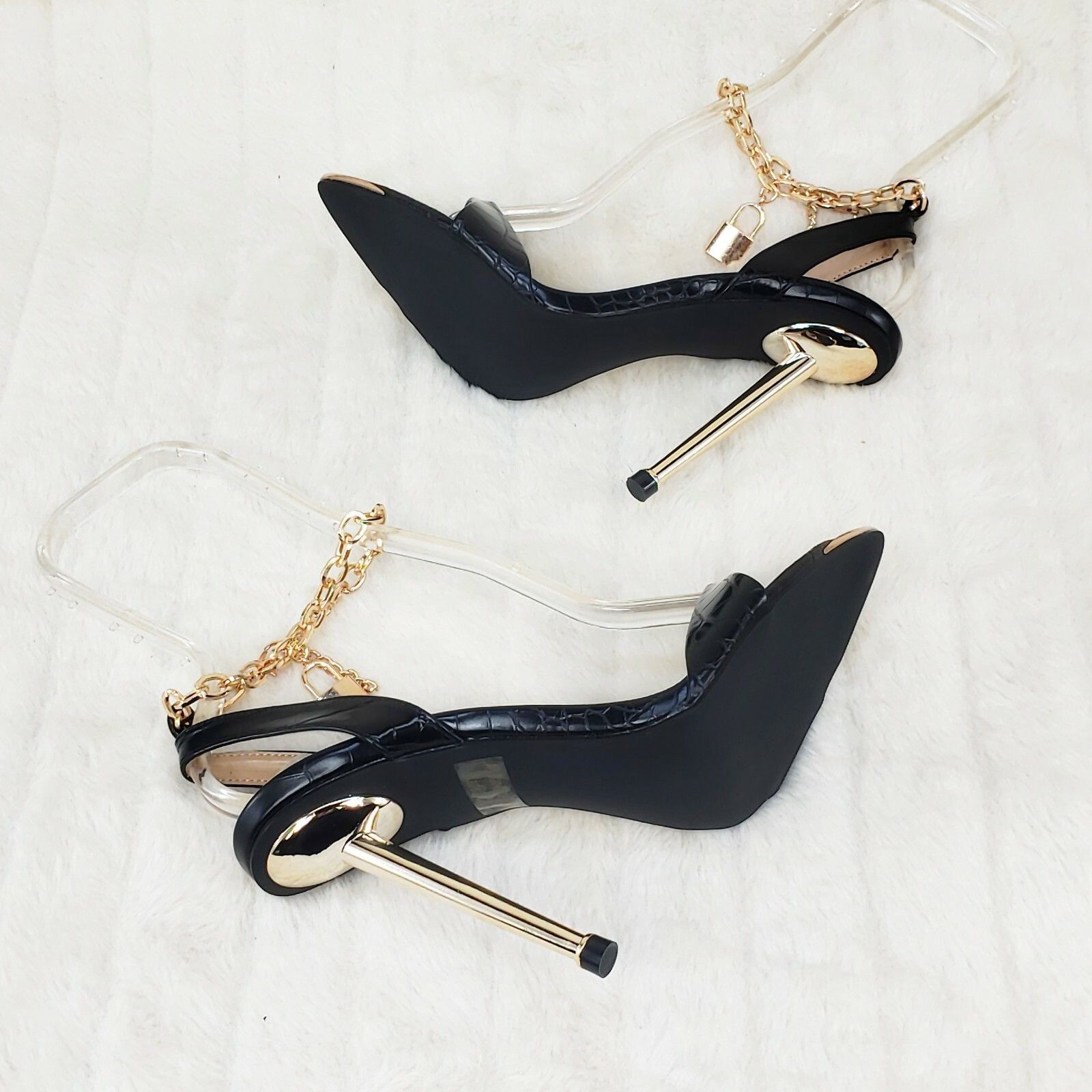 Other Nicely Pad Lock Chain Strap High Heels Metal Toe Tip Shoes B Size US 7 / IT 37 - 3 Thumbnail