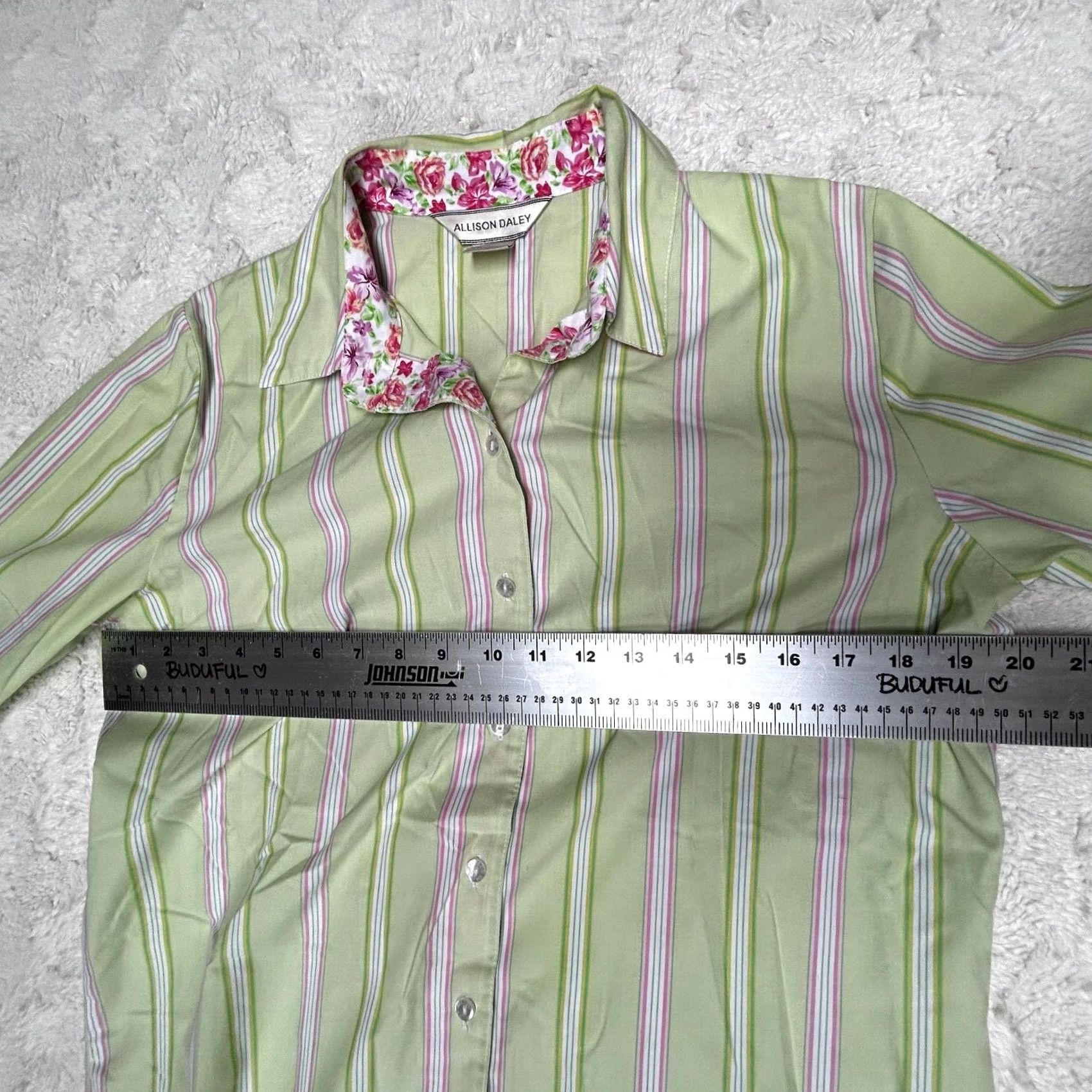 Vintage Allison Daley Women's Top Green Striped Button Down Shirt 3/4 Sleeve Size 8 Size M / US 6-8 / IT 42-44 - 6 Thumbnail