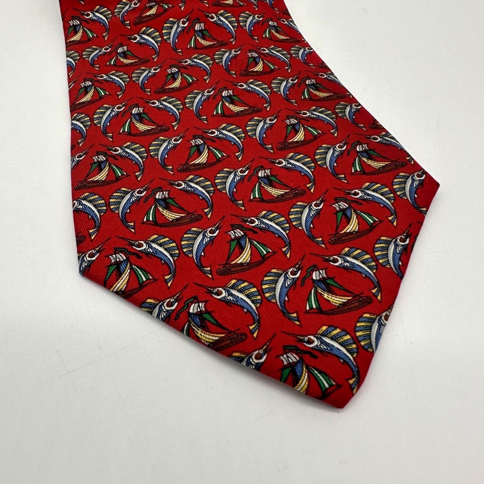 Salvatore Ferragamo VINTAGE Salvatore Ferragamo Silk Necktie One Size Red Fly Fishing Fish Tie Made In Italy Mens Tie Silk Pattern: Animal Print 100% Silk Size ONE SIZE - 2 Thumbnail
