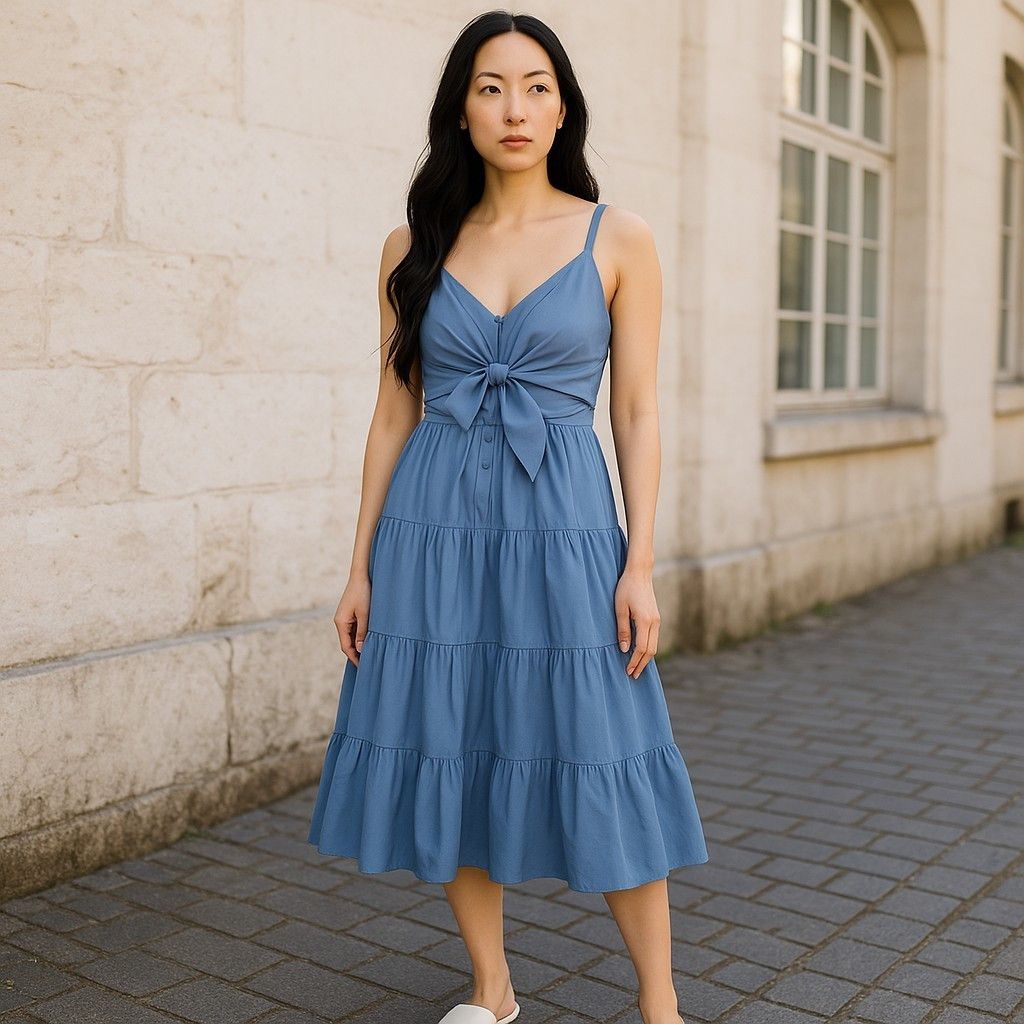 Lauren Ralph Lauren S Blue Sleeveless Tie-Front Tiered Dress 84682 Size S / US 4 / IT 40 - 2 Thumbnail