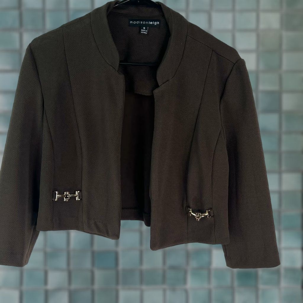 Madison Madison Leigh Blazer Jacket 3/4 Sleeve Cropped Lined Brown Women's Size 6 Formal Short Jacket Size M / US 6-8 / IT 42-44 - 1 Thumbnail