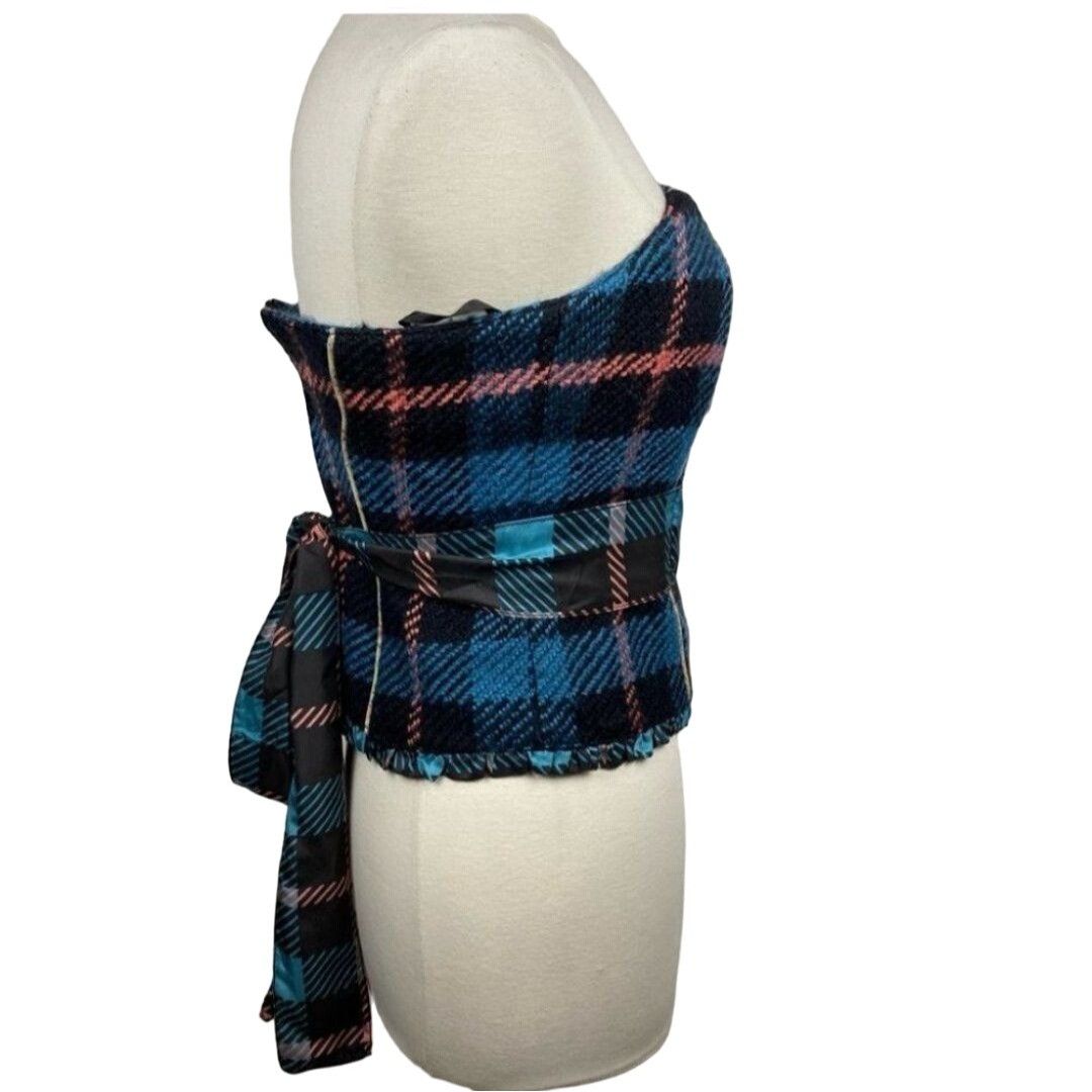 Designer Manoush Plaid Corset Strapless Top Size 40 US S Blue Wool Size S / US 4 / IT 40 - 4 Thumbnail