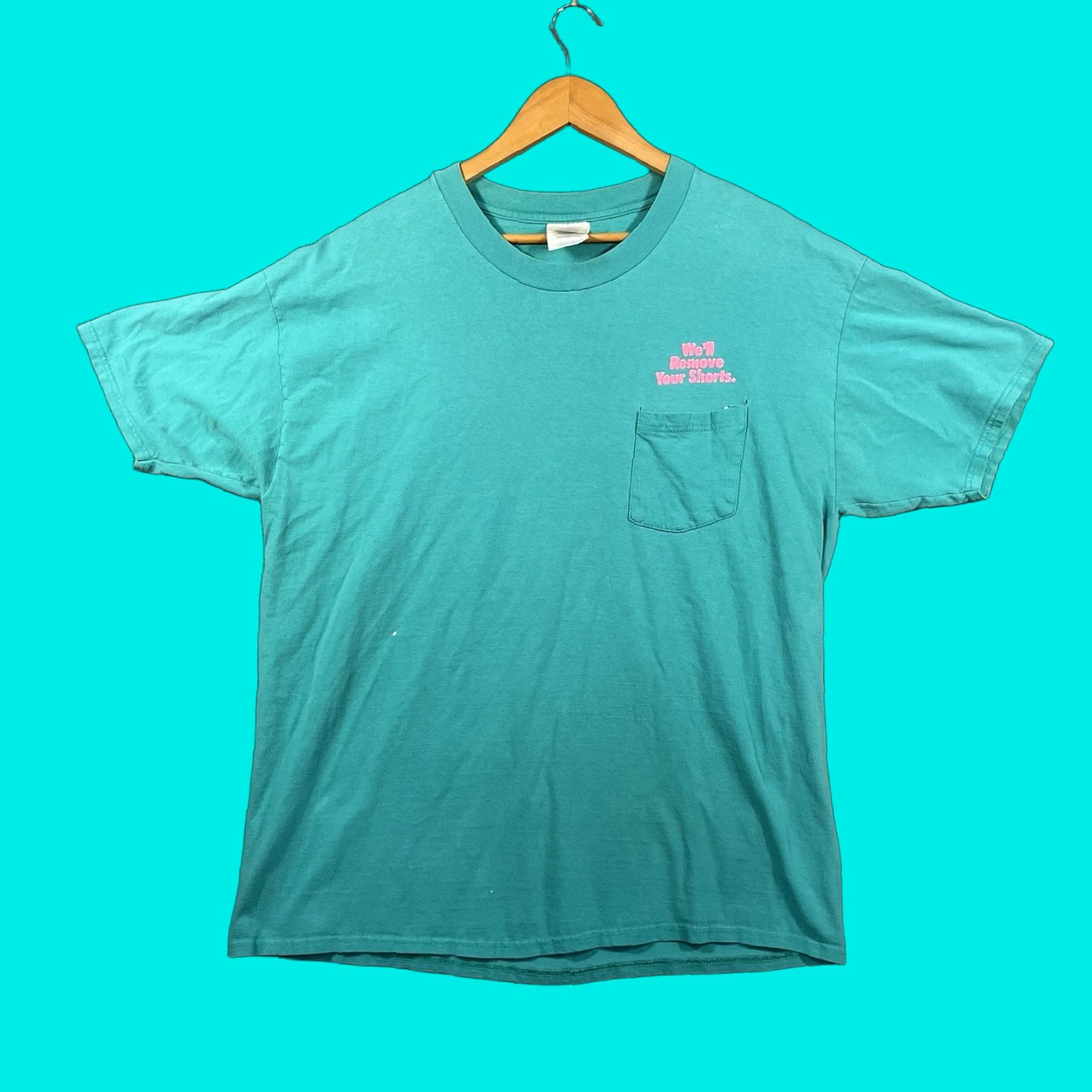 Hanes VINTAGE 80s Dantema Electric Puffy Print Pocket T-Shirt XL Promo Funny Turquoise Hanes 100% Cotton Short Sleeve Regular Mens Diners Size US XL / EU 56 / 4 - 1 Thumbnail