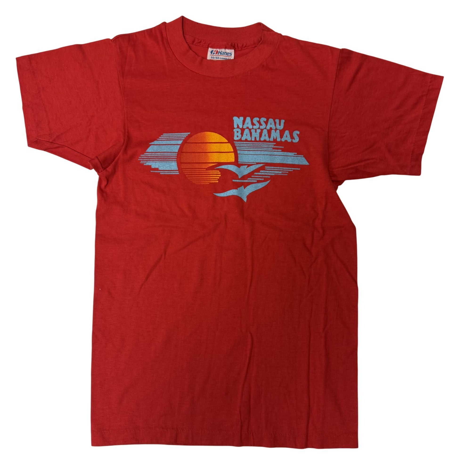 Hanes 80's Red NASSAU BAHAMAS 50/50 Tropical Island SUNSET T Shirt Size US S / EU 44-46 / 1 - 2 Thumbnail