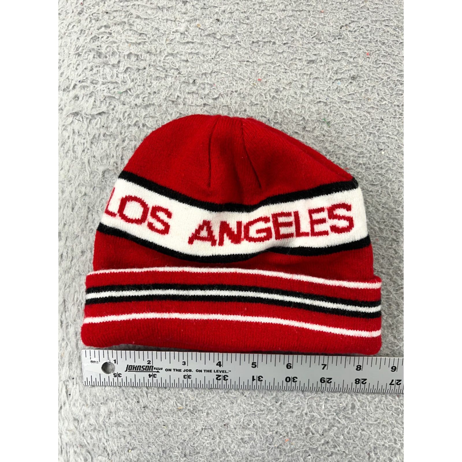 Vintage VINTAGE Los Angeles Beanie Toque Adult One Size Red Stripe Knit Embroidered 100% Acrylic Size ONE SIZE - 3 Thumbnail