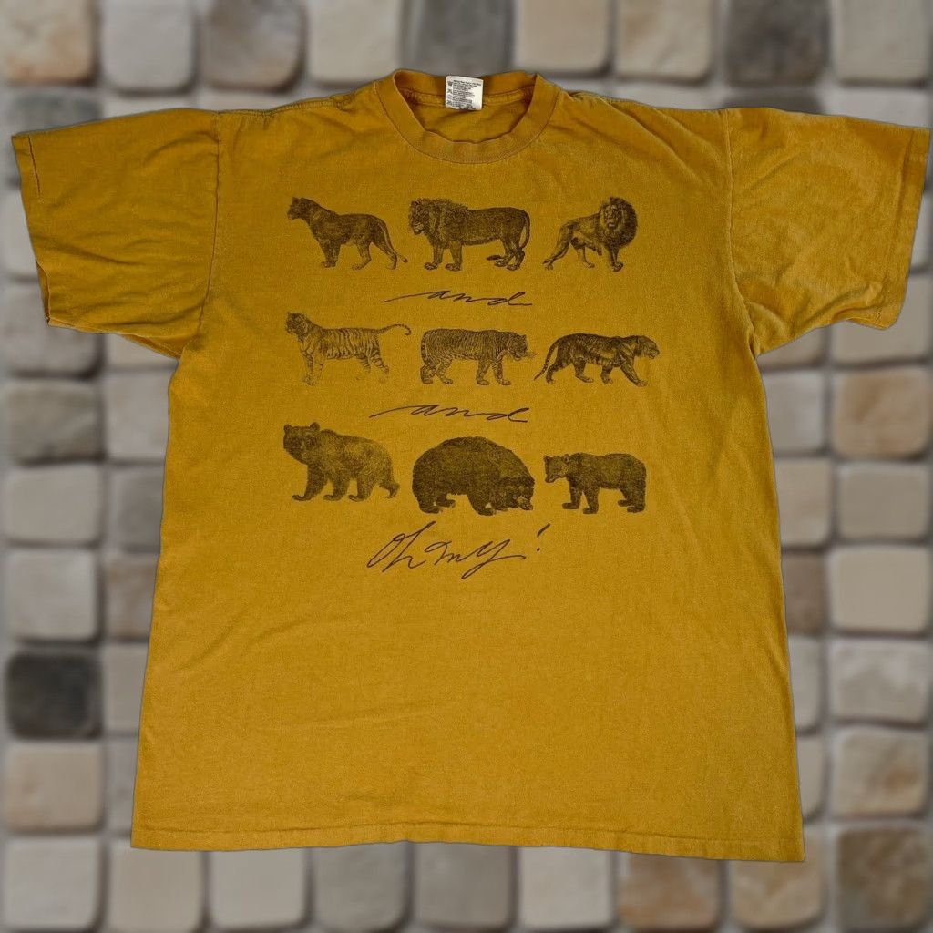 Vintage VINTAGE Oneita T-Shirt Lions and Tigers and Bears, Oh My! XL Mustard Men Short Sleeve Crew Neck Nature 1990s Graphic Print Size US XL / EU 56 / 4 - 1 Thumbnail