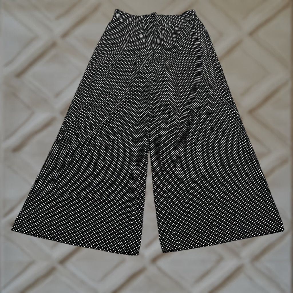 Adrianna Papell Pants 12 Black polka Dot Wide Leg palazzo Elastic 28x27 Womens