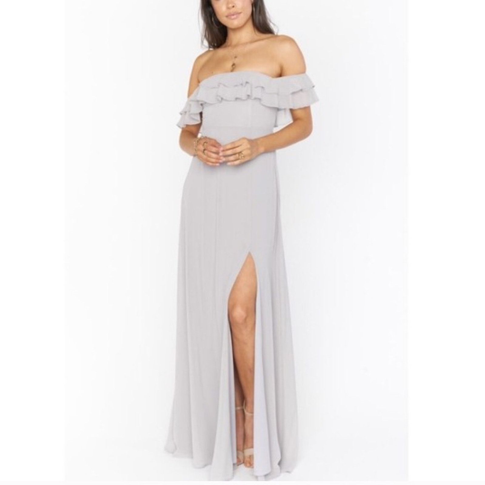 Show Me Your MuMu Show Me Your Mumu Emma Ruffle Maxi Dove Gray Sz Bridesmaid M Size M / US 6-8 / IT 42-44 - 1 Thumbnail