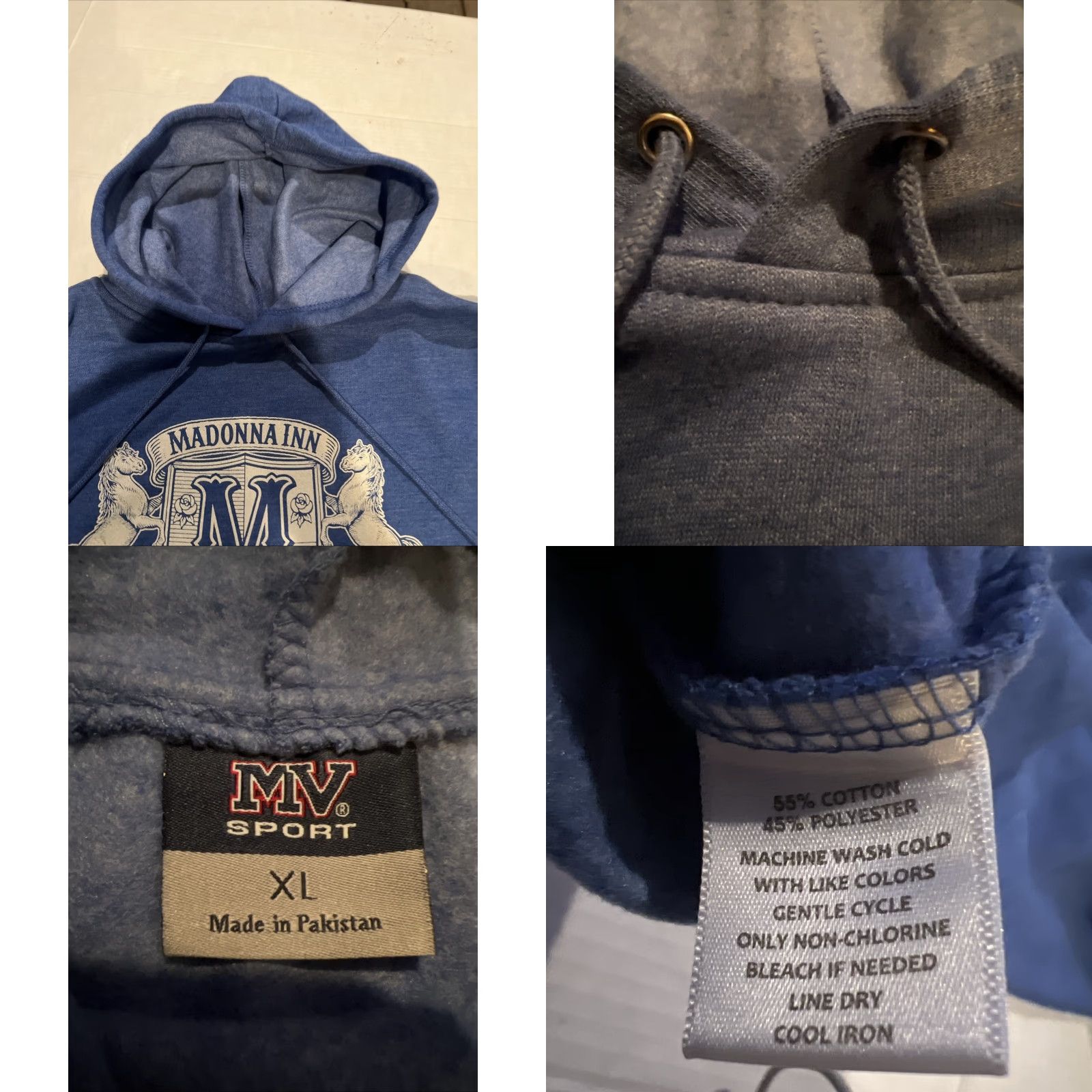 Vintage MV Sport Hoodie Mens XL Blue Official Madonna Inn Hotel San Luis Obispo Sweatshirt Hooded Crew Neck Graphic Print Pockets Logo Vintage: No Size US L / EU 52-54 / 3 - 8 Thumbnail