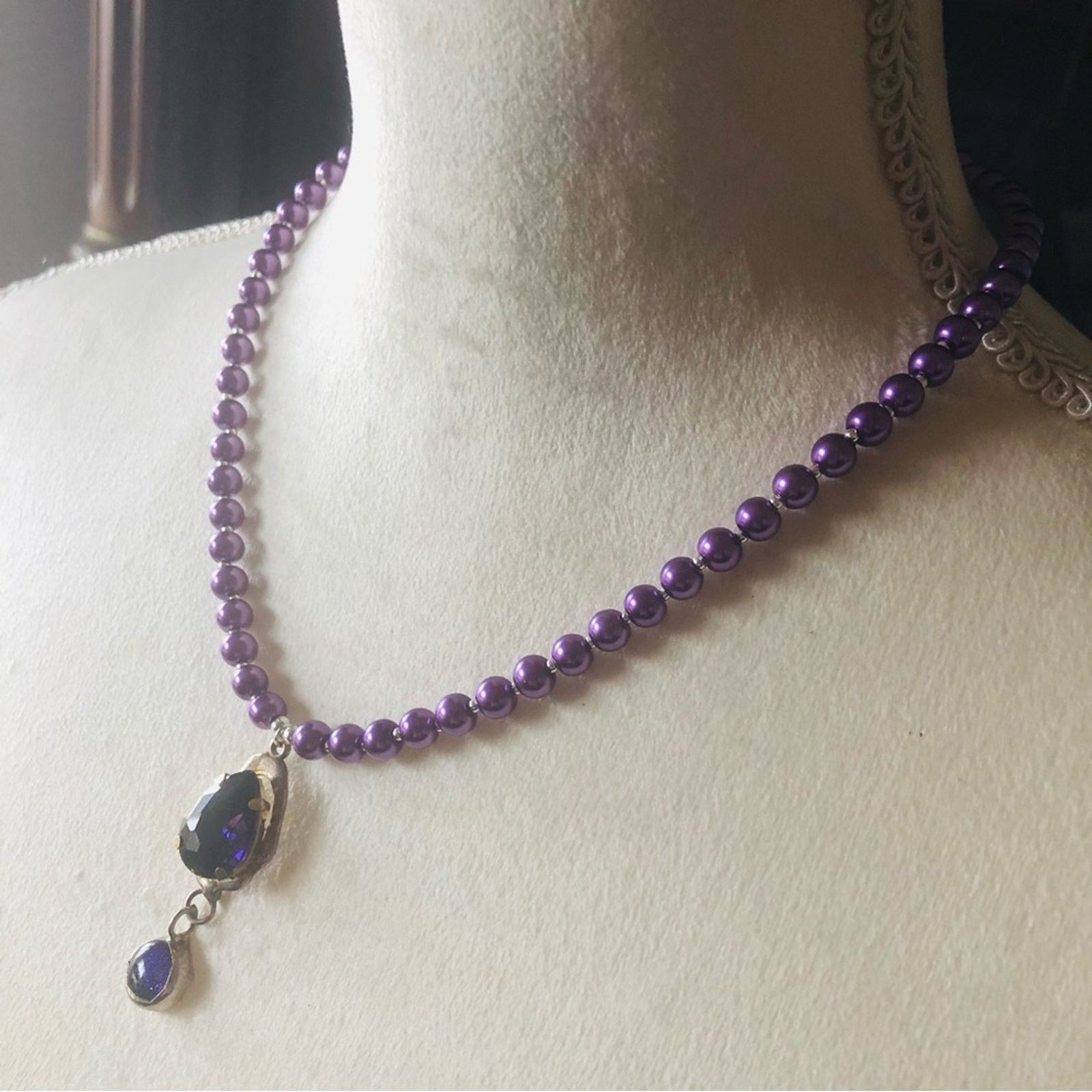 Handmade Handcrafted repurpose faceted stone pendant Pearl necklace Size ONE SIZE - 4 Thumbnail