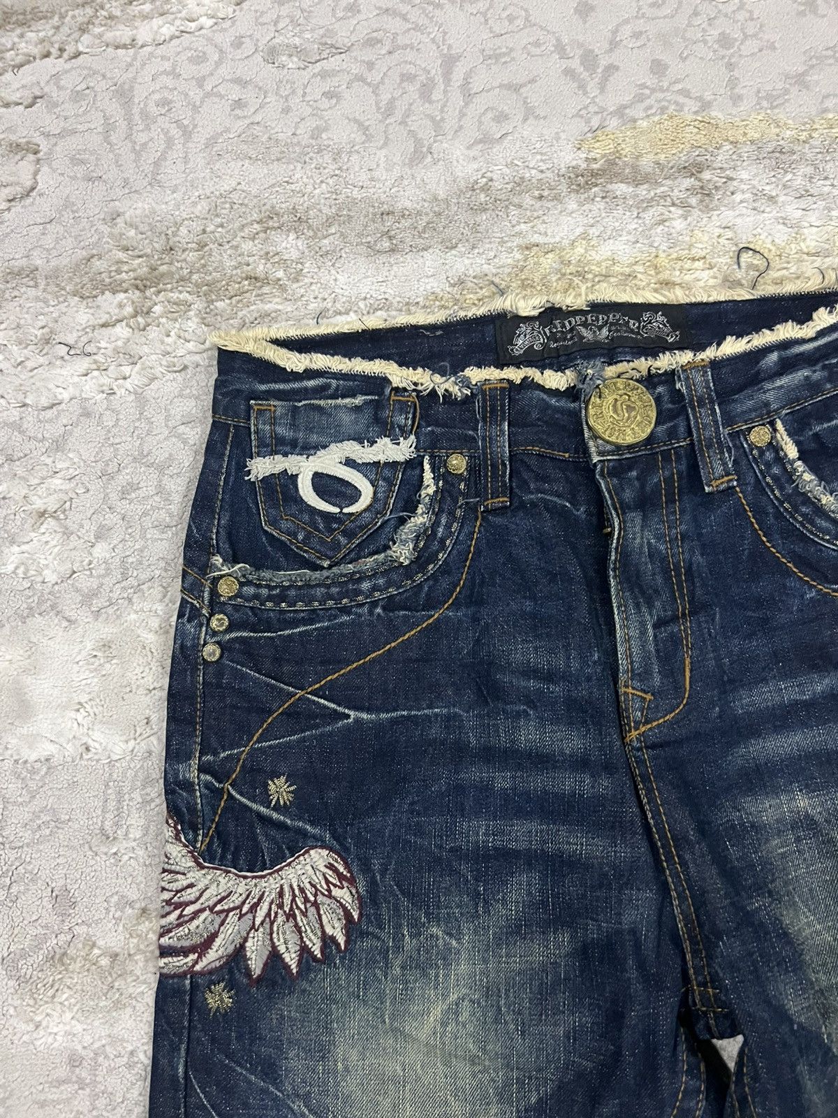 If Six Was Nine Y2K Red Pepper Embroidery Wing Studded Fade Wash Jeans Denim Size US 30 / EU 46 - 9 Thumbnail