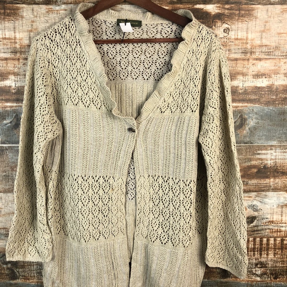 Homespun Knitwear × Japanese Brand × Vintage DL Merci Grace crochet meshnet Brown Cardigan Knitwear #C529 Size L / US 10 / IT 46 - 5 Thumbnail