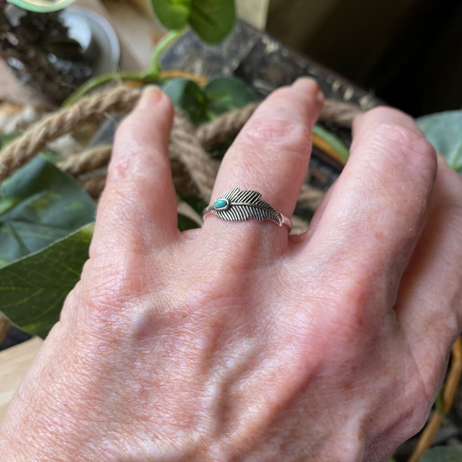 The Unbranded Brand Turquoise Sterling Silver Feather Ring Size 9 Size ONE SIZE - 7 Thumbnail