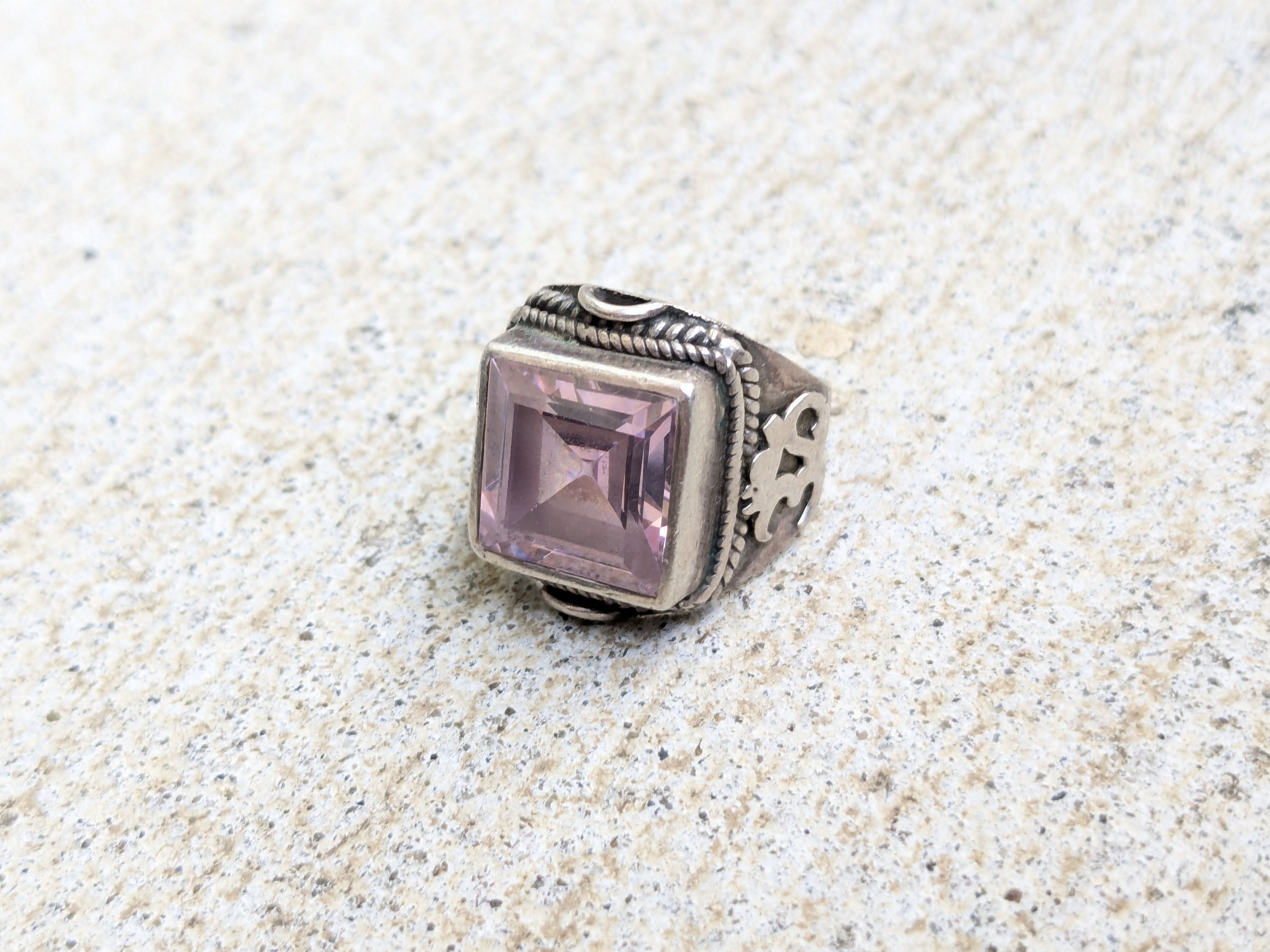 Jewelry × Vintage Vintage Sterling Silver Ring Pink Topaz 7.25 Square Ohm Om Size ONE SIZE - 4 Thumbnail