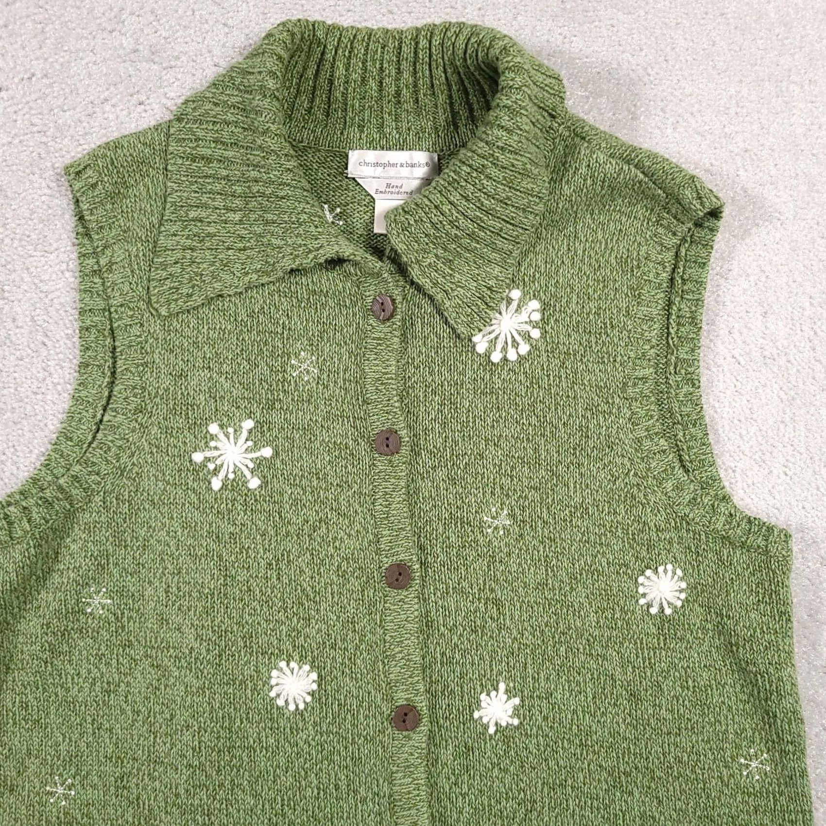 Vintage VINTAGE Christopher & Banks Sweater Vest Shirt Women Medium Green Button Up Collar Snow 80s 90s Holiday Garden Cottagecore Size M / US 6-8 / IT 42-44 - 3 Thumbnail