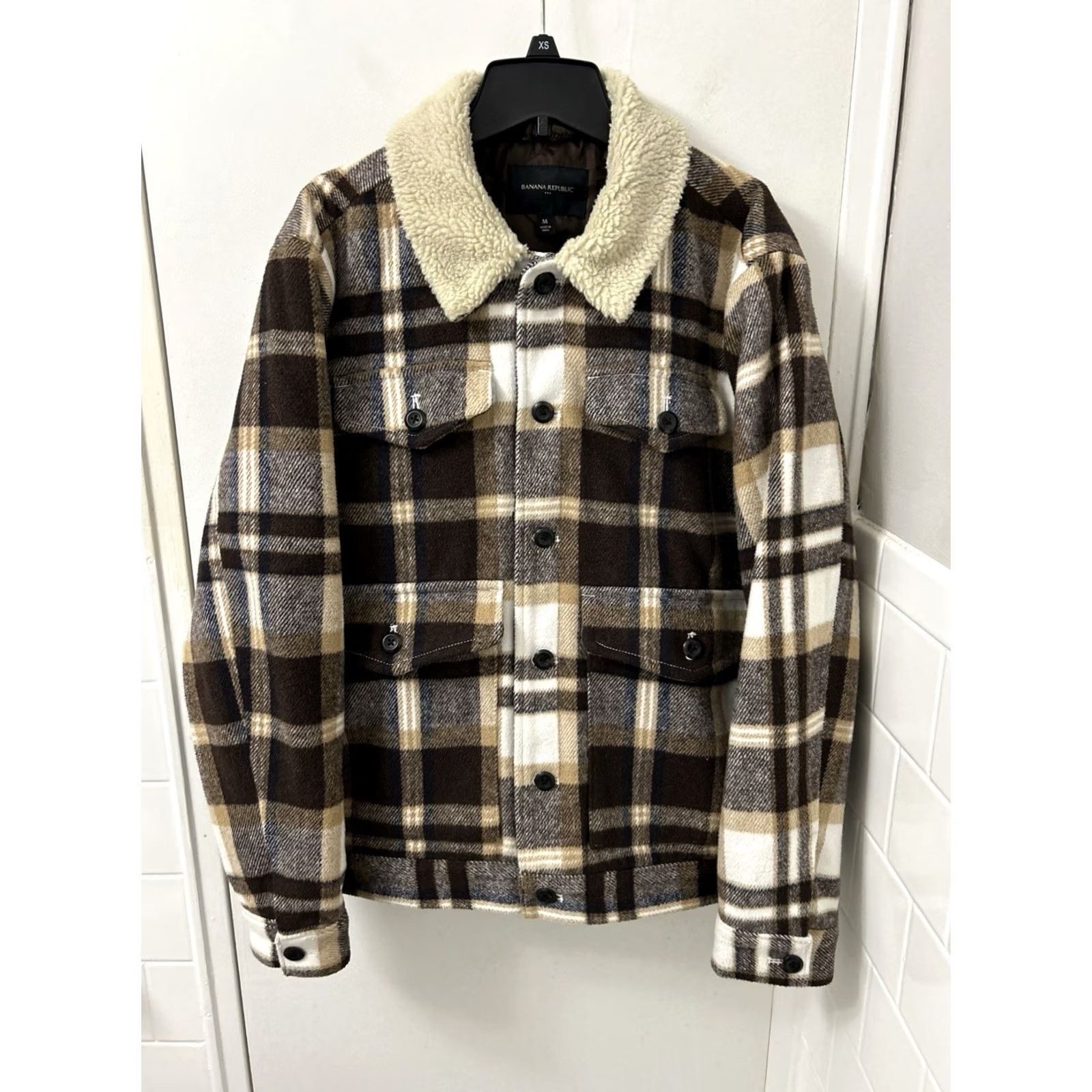 Banana Republic VINTAGE Banana Republic Jacket Mens M Brown Plaid Wool Sherpa Collar Pockets L/S Size US M / EU 48-50 / 2 - 2 Thumbnail
