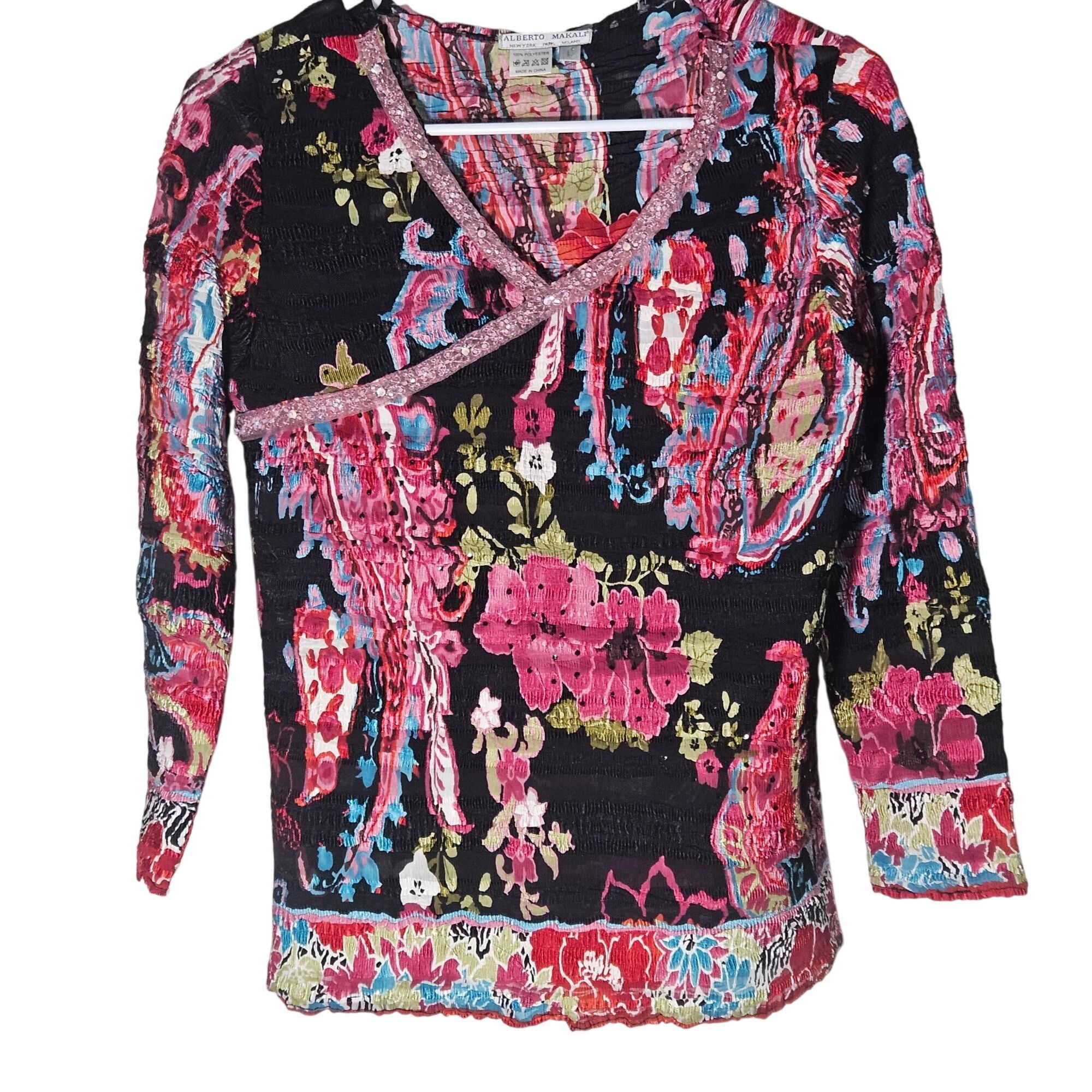 Other Alberto Makali Women Crinkle Top L Multicolor Beaded Boho St Size L / US 10 / IT 46 - 2 Thumbnail