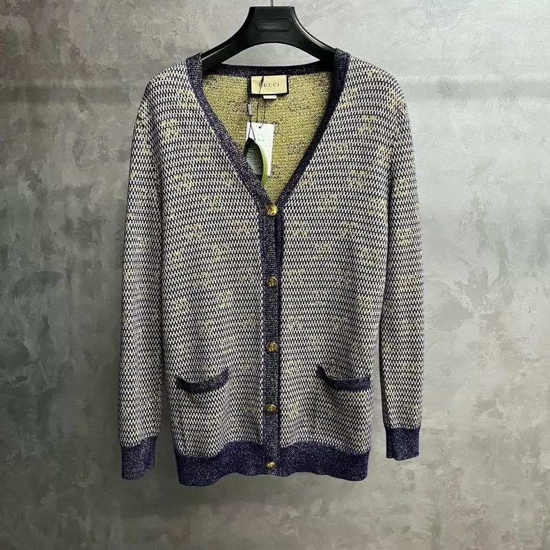 Gucci Blue Jacquard V-Neck Wool Cardigan Size US L / EU 52-54 / 3 - 1 Thumbnail