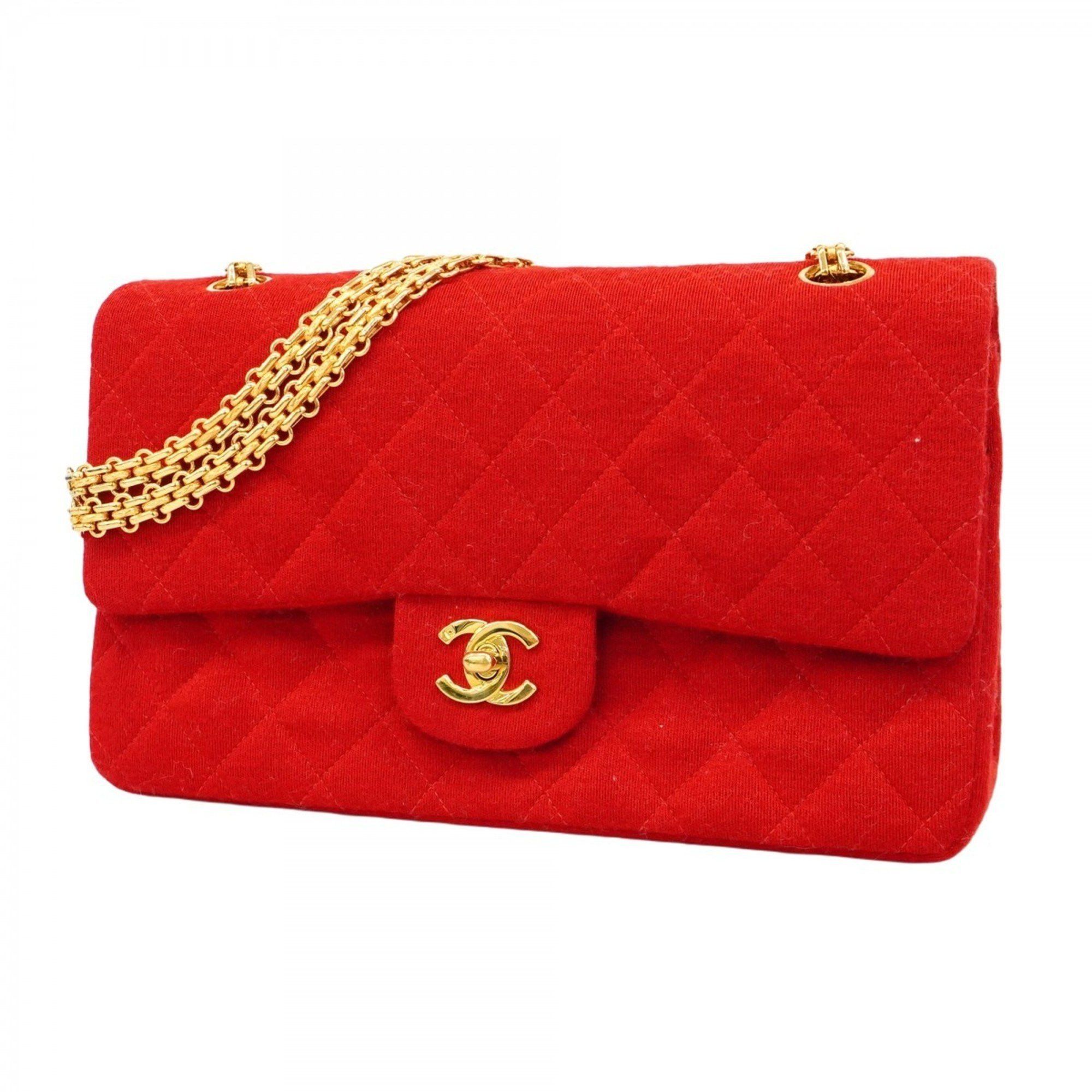 Chanel Shoulder Bag Matelasse W Flap Chain Jersey Red Women's
