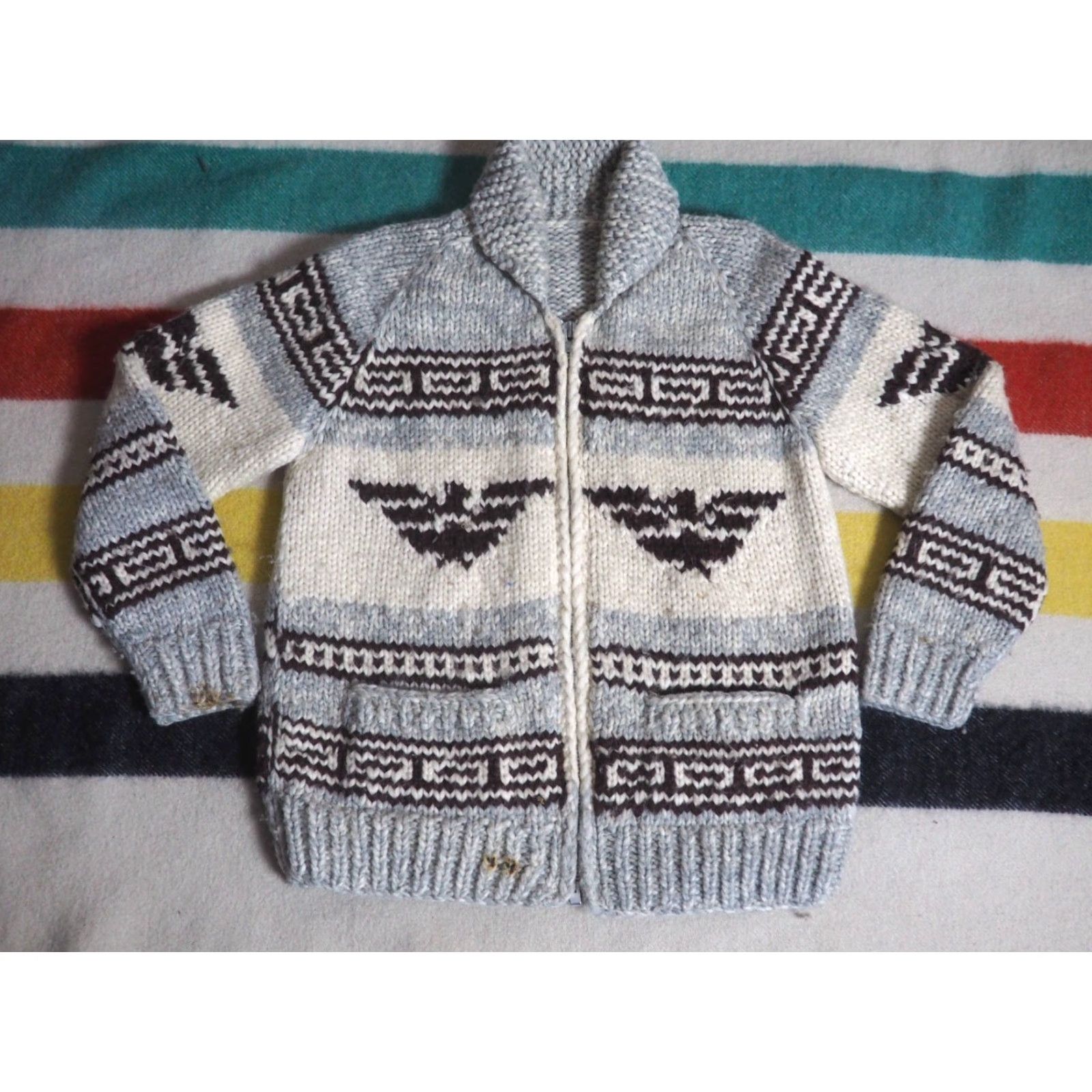 Vintage VTG Cream Gray Thunderbird Eagle Heavy Wool Zip Cowichan Sweater Mens M Size US M / EU 48-50 / 2 - 2 Thumbnail
